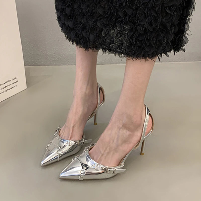Strapped & Chrome Kitten Heels
