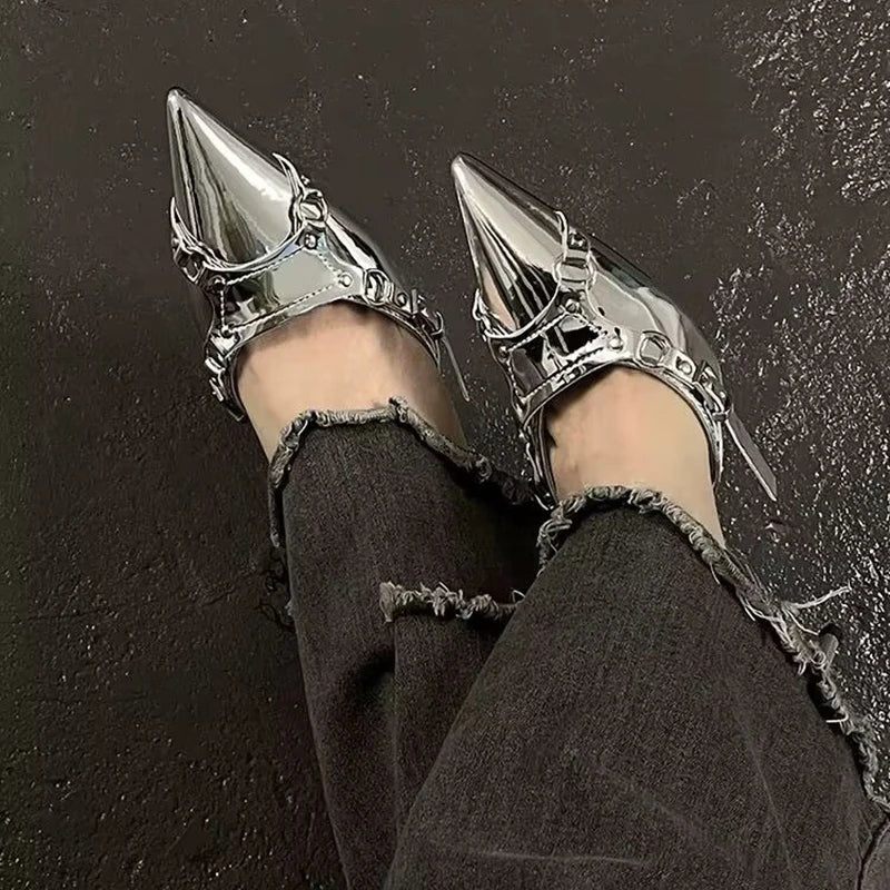 Strapped & Chrome Kitten Heels