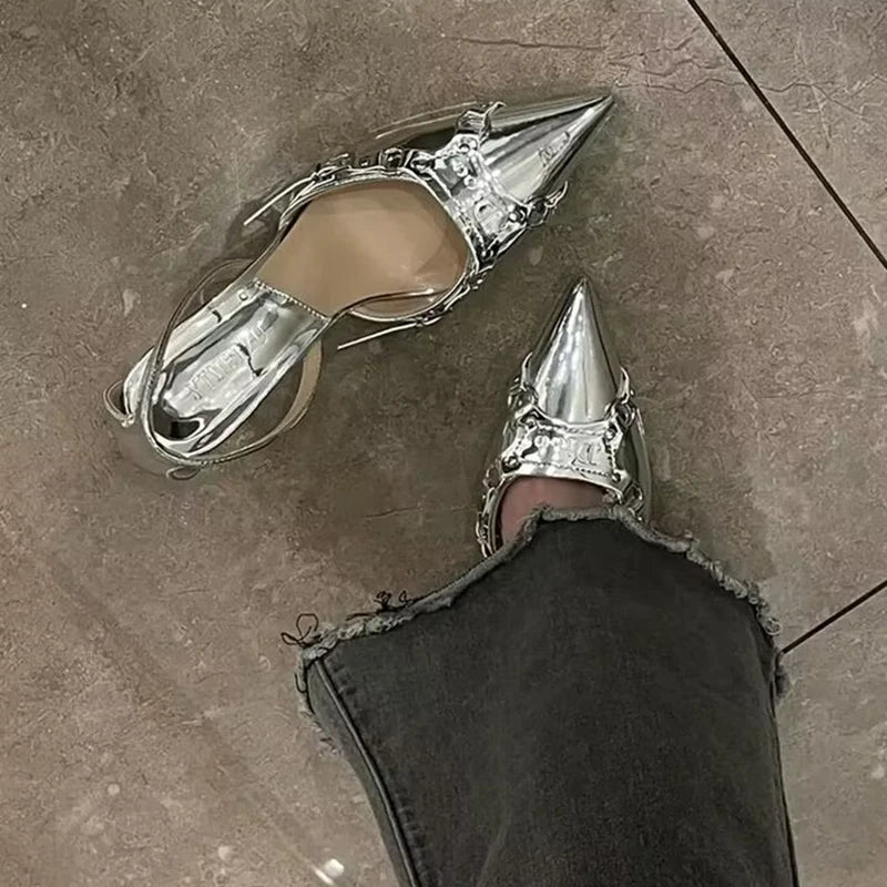 Strapped & Chrome Kitten Heels