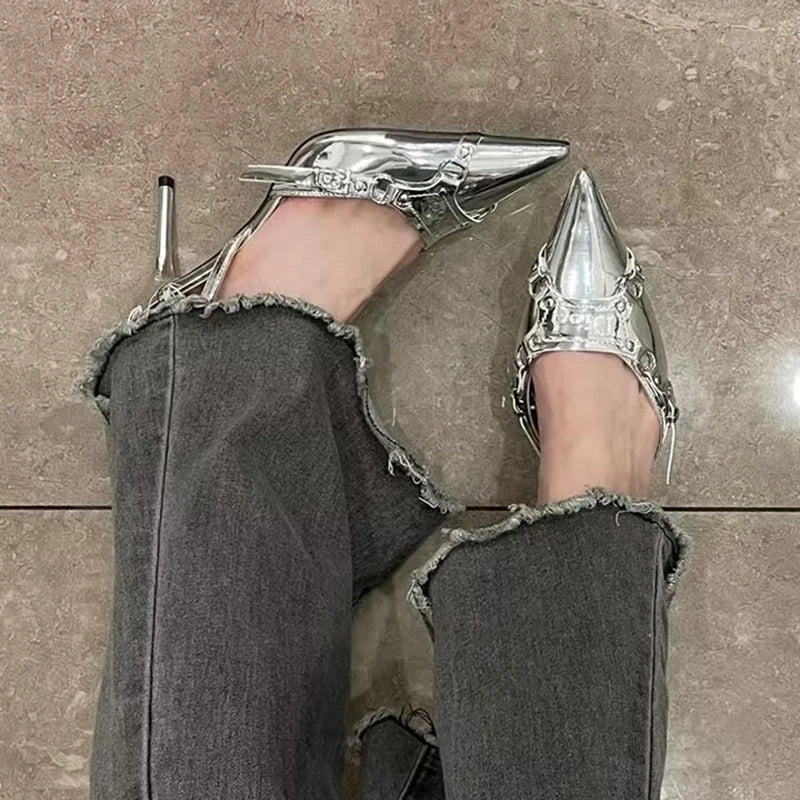 Strapped & Chrome Kitten Heels